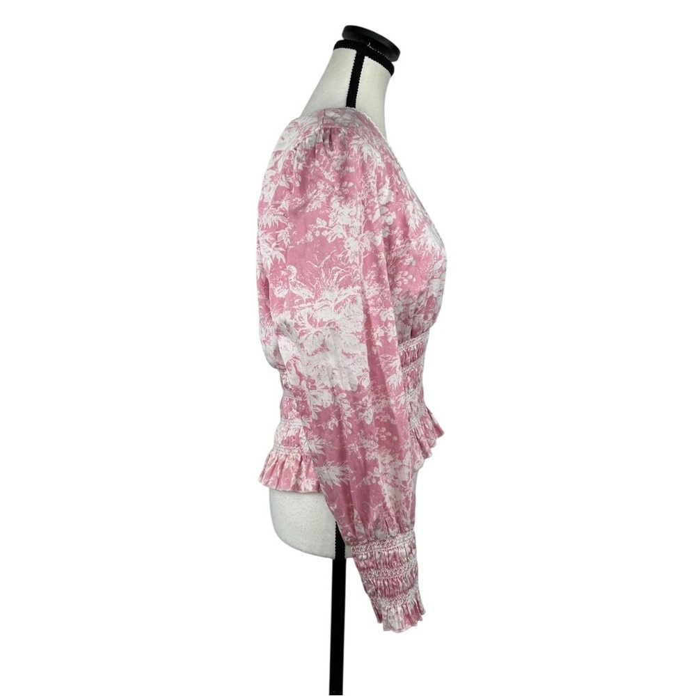 WAYF Pink Toile Print Smocked Peplum Blouse L Long Sleeve Wrap Cottagecore - Picture 3 of 10